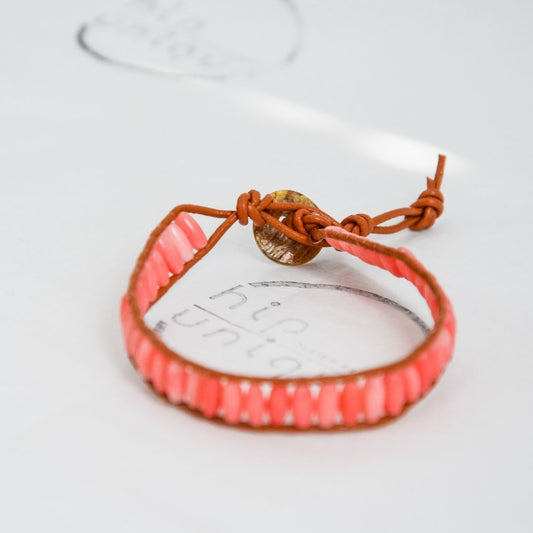 Natural Leather Pink Coral Bracelet-BOHO