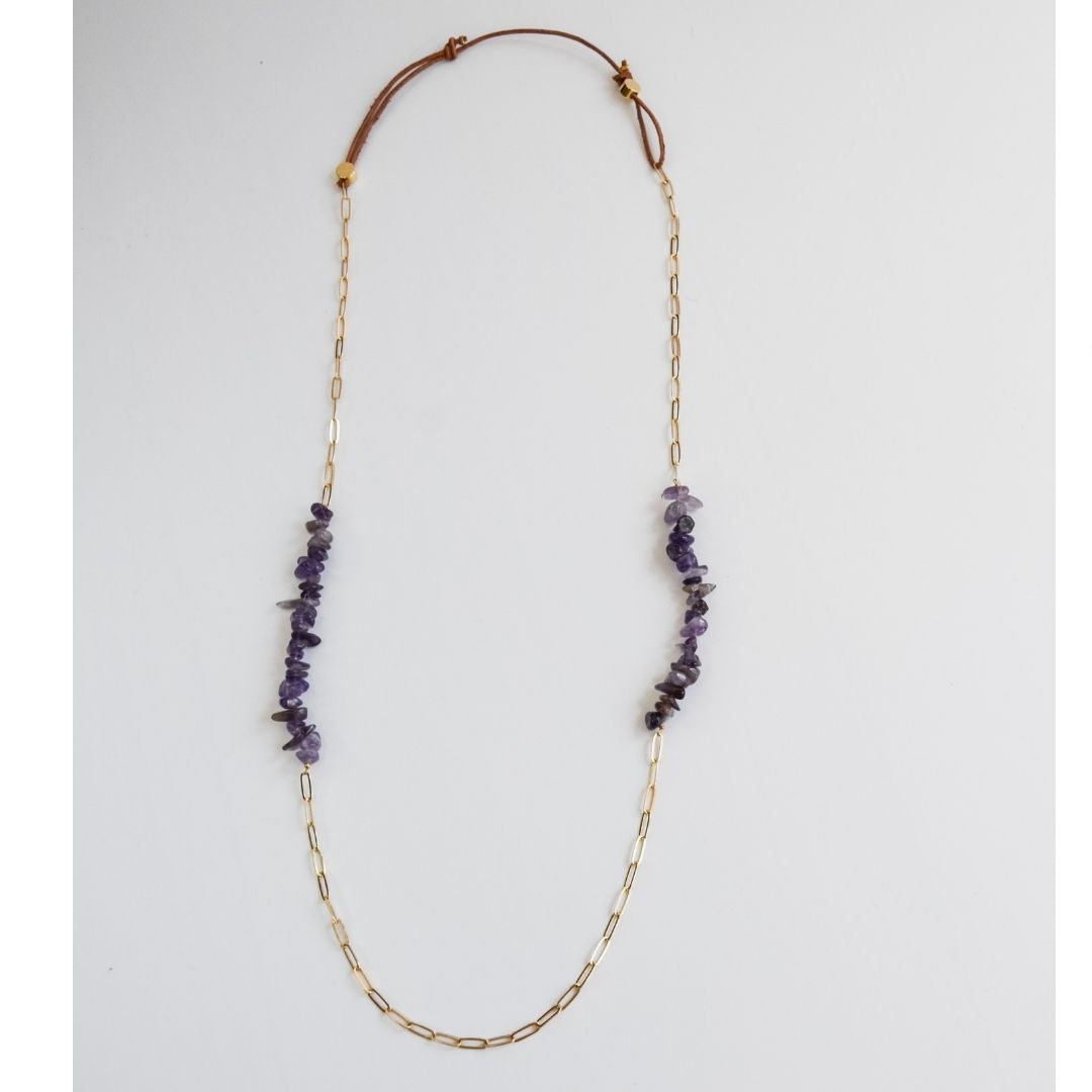 OPERA Natural Stone Leather and Gold Chain Necklace