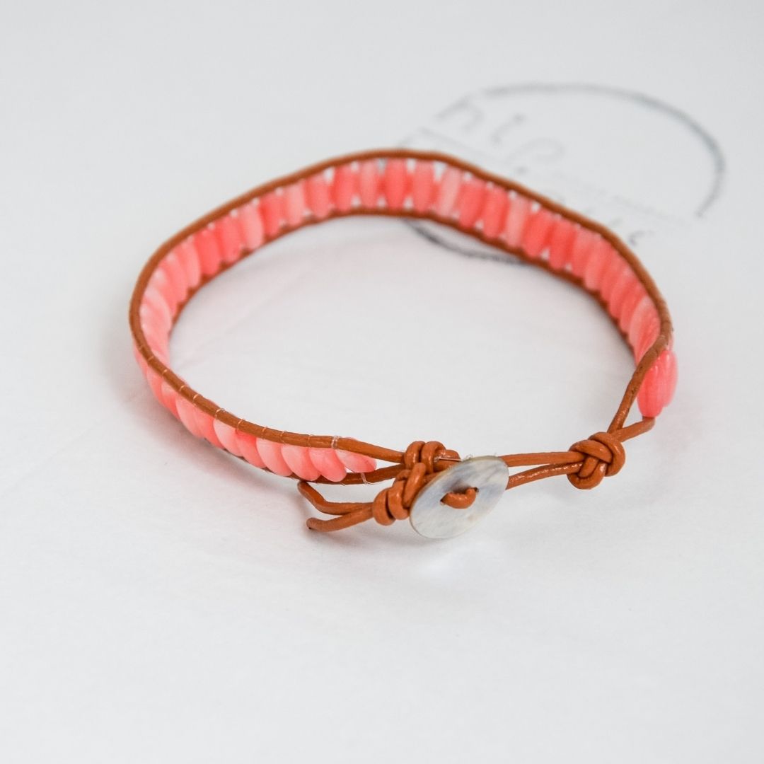 Natural Leather Pink Coral Bracelet-BOHO