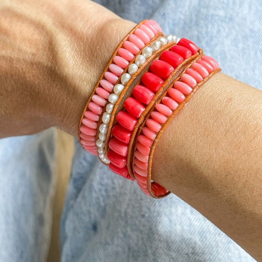 Natural Leather Pink Coral Bracelet-BOHO