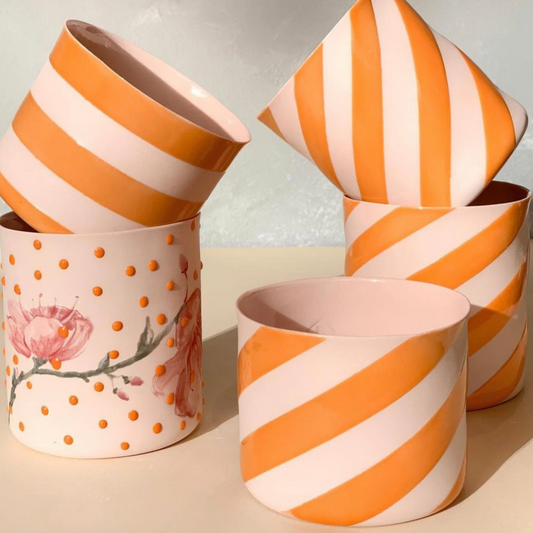 CANDY CANE Orange Pink  Striped Porcelain Cup