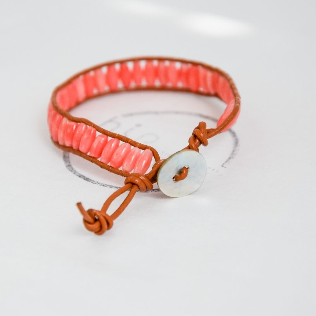 BOHO Natural Leather Pink Coral Bracelet